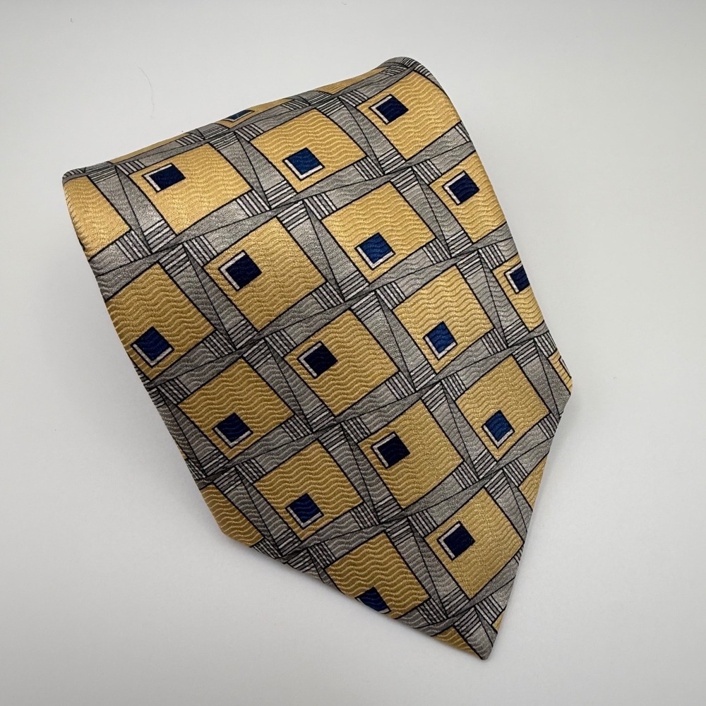 Countess Mara Silk Tie OS Geometric Art Deco Gold Silver Navy Blue Professional